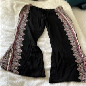 Black Boho Flare Pants with Pink and White Accents